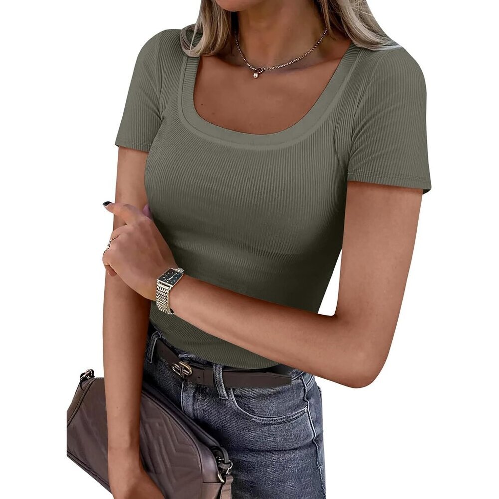 Women's T-Shirt Green Short Sleeve Scoop Neck Casual Ribbed Knitted Slim Fit
